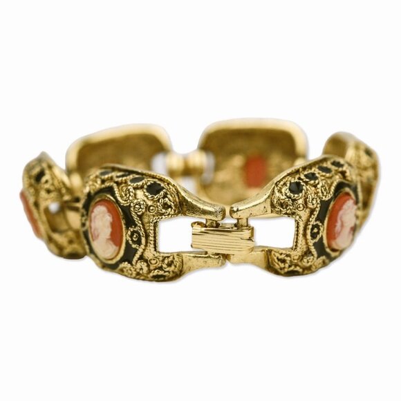 Vintage GEM-CRAFT Stamped Etruscan Style Gold-Tone Revival Cameo Link Bracelet - Picture 4 of 7